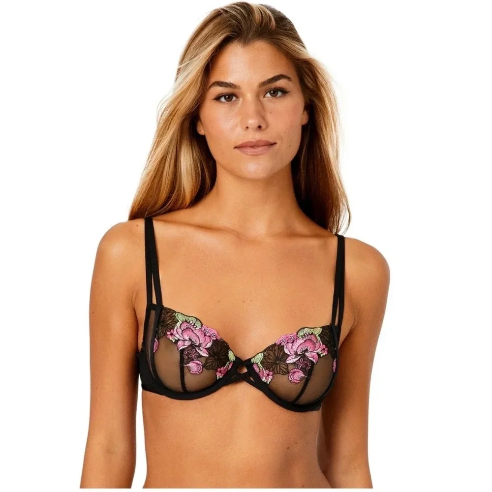 Adore Me Jamila Underwire Bra Women 34C Black Pink Floral Embroidered Sheer Mesh